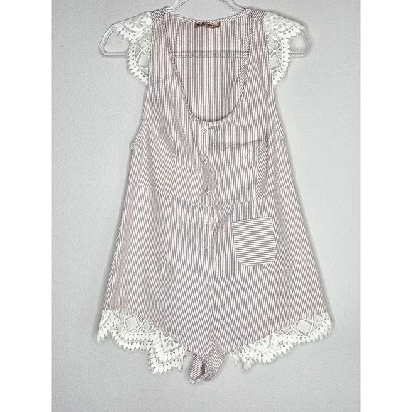 For Love & Lemons Emmy Sleep Romper Brown Seersucker and Lace Size Small - Picture 6 of 16